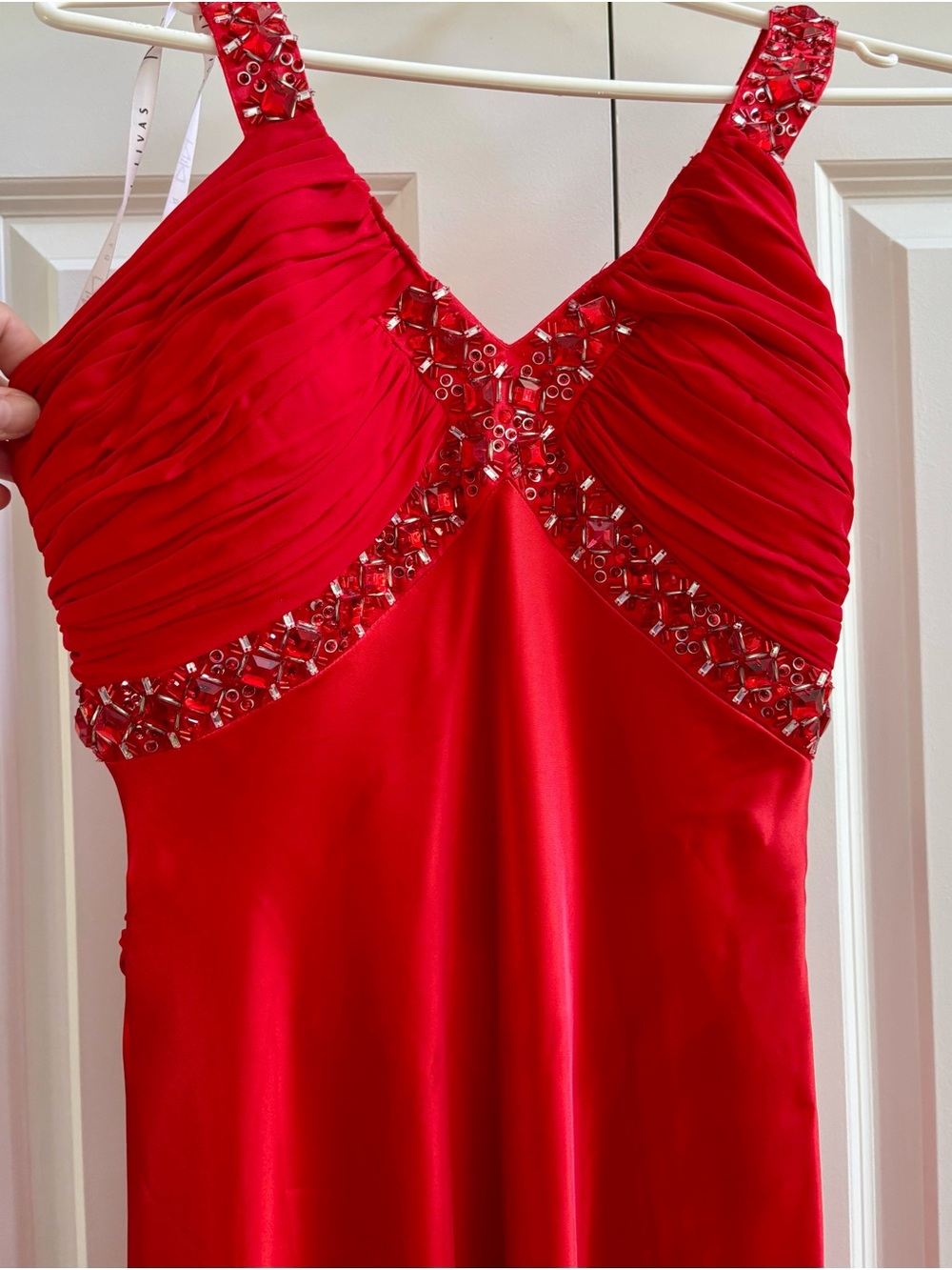 Red Beaded Prom Dress with Ruched Bodice